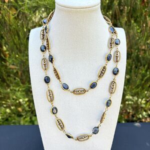 VTG COROCRAFT  Bezel Grayish Blue Crystal Long Necklace Made In Germany